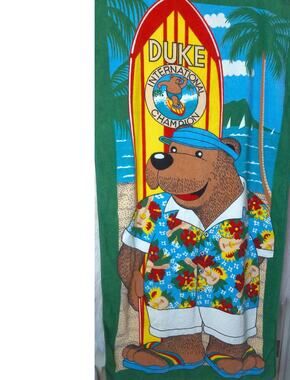 Vintage 80s Seven Seas Duke Surf Bear Beach Towel Neon Tropical Cartoon Cotton